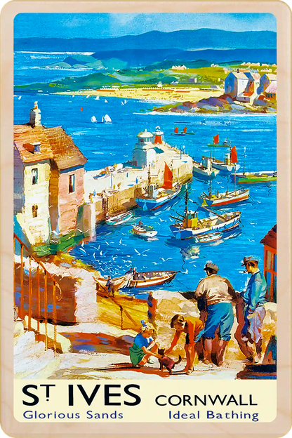 St Ives in Cornwall - Wooden Postcard featuring an original vintage travel poster from ©National Railway Museum / SCMG. Printed in high-quality colour on sustainably sourced wood. A unique card, gift and souvenir.