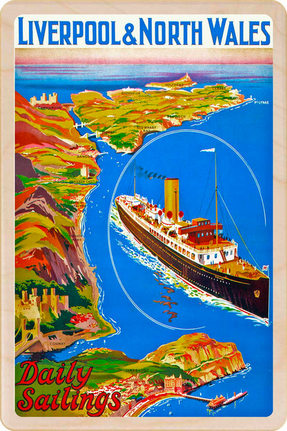 The Liverpool to North Wales Line - Wooden Postcard featuring an original vintage travel poster from ©National Railway Museum