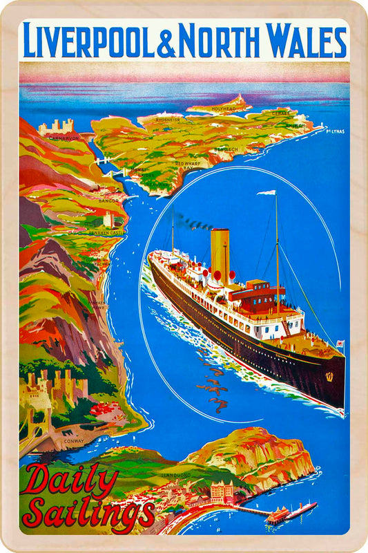 The Liverpool to North Wales Line - Wooden Postcard featuring an original vintage travel poster from ©National Railway Museum
