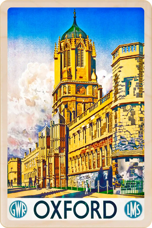 Oxford - Wooden Postcard featuring an original vintage travel poster from ©National Railway Museum / SCMG. Printed in high-quality colour on sustainably sourced wood. Ideal as a unique gift, keepsake, or souvenir.