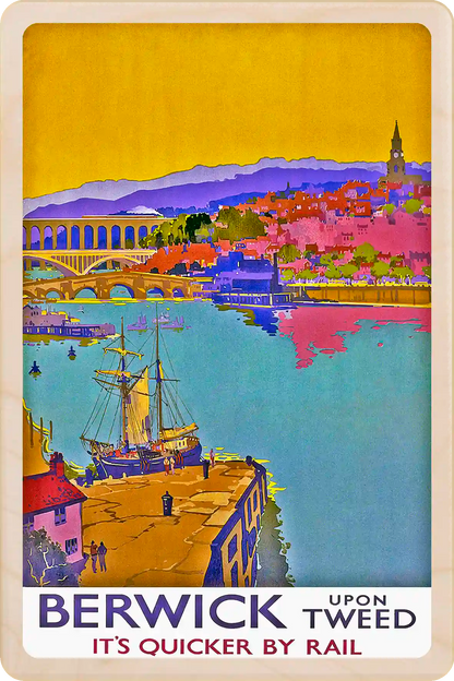 Berwick upon Tweed, Northumberland: Wooden Postcard featuring an original vintage travel poster from ©National Railway Museum. The Wooden Postcard Company