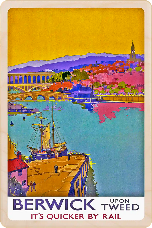Berwick upon Tweed, Northumberland: Wooden Postcard featuring an original vintage travel poster from ©National Railway Museum. The Wooden Postcard Company