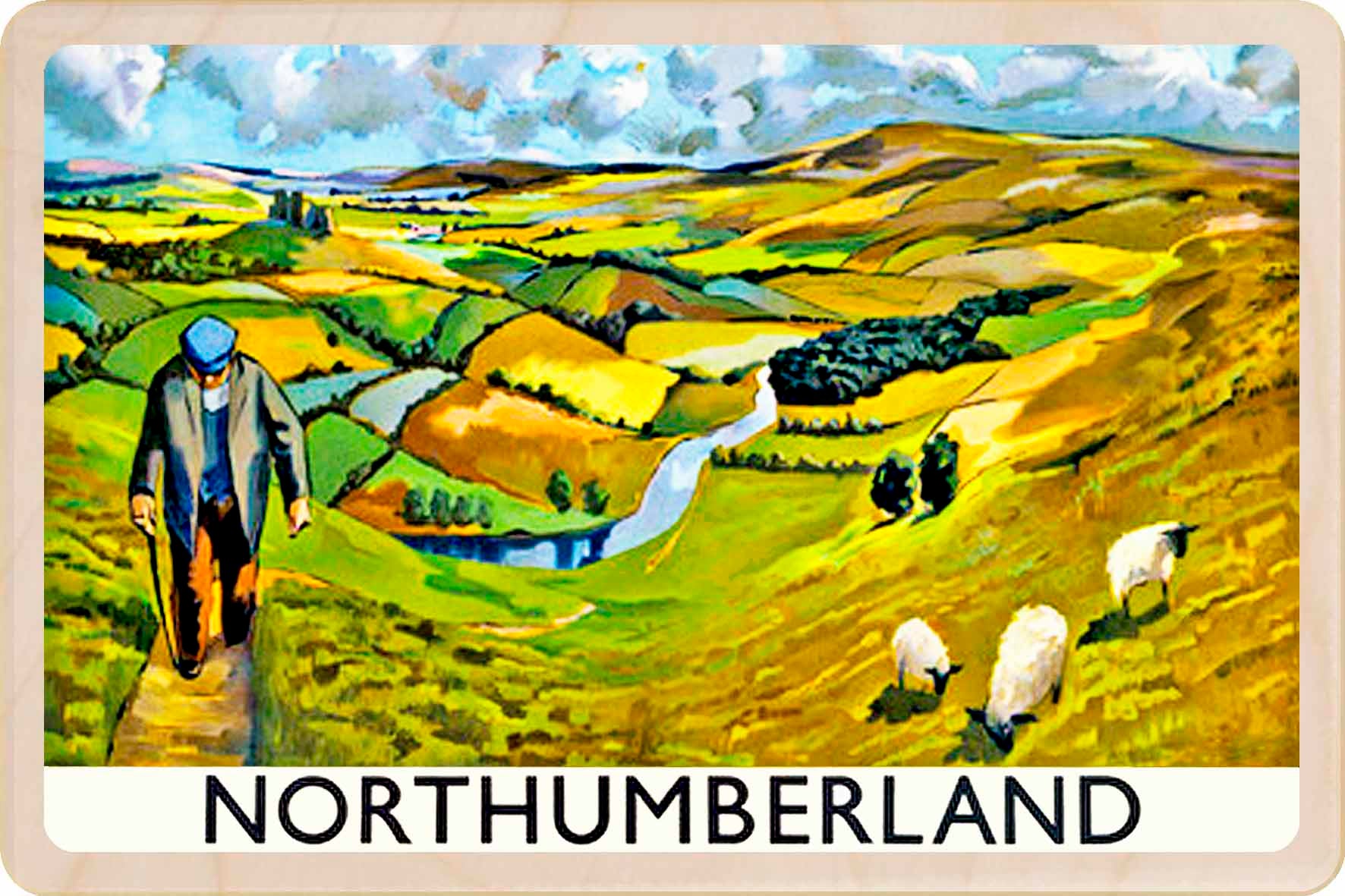 Northumberland - Wooden Postcard featuring an original vintage travel poster from ©National Railway Museum / SCMG. Printed in high-quality colour on sustainably sourced wood. Ideal as a unique gift, keepsake, or souvenir.