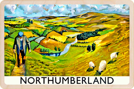 Northumberland - Wooden Postcard featuring an original vintage travel poster from ©National Railway Museum / SCMG. Printed in high-quality colour on sustainably sourced wood. Ideal as a unique gift, keepsake, or souvenir.