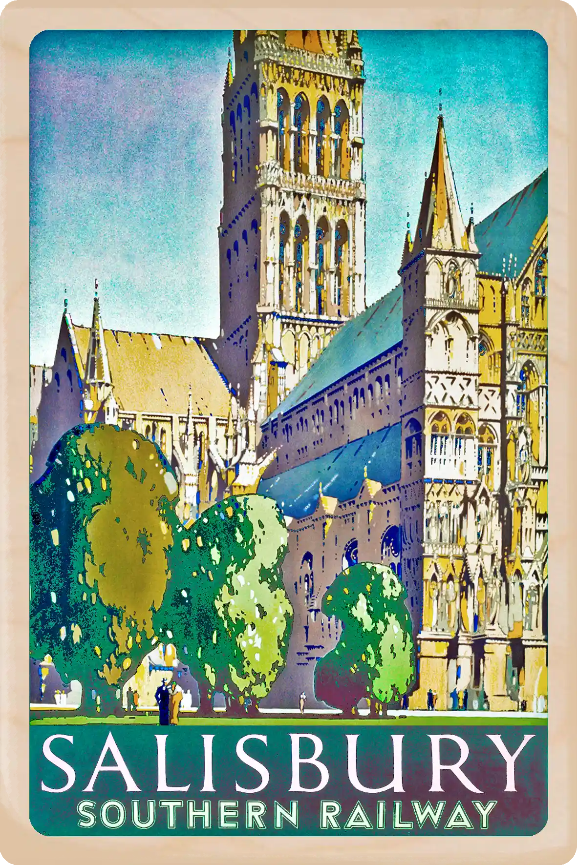 Salisbury, Wiltshire - Wooden Postcard featuring an original vintage travel poster from ©National Railway Museum / SCMG. Printed in high-quality colour on sustainably sourced wood. Ideal as a unique gift, keepsake, or souvenir.