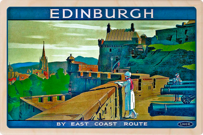 Edinburgh, Scotland - Wooden Postcard featuring an original vintage travel poster from ©National Railway Museum / SCMG. Printed in high-quality colour on sustainably sourced wood. A unique gift, keepsake, or souvenir. The Wooden Postcard Company