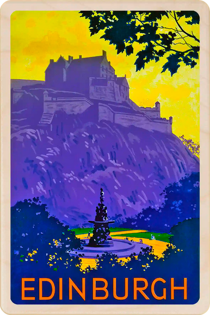 Edinburgh, Scotland - Wooden Postcard featuring an original vintage travel poster from ©National Railway Museum / SCMG. Printed in high-quality colour on sustainably sourced wood, a unique gift, keepsake, or souvenir. The Wooden Postcard Company