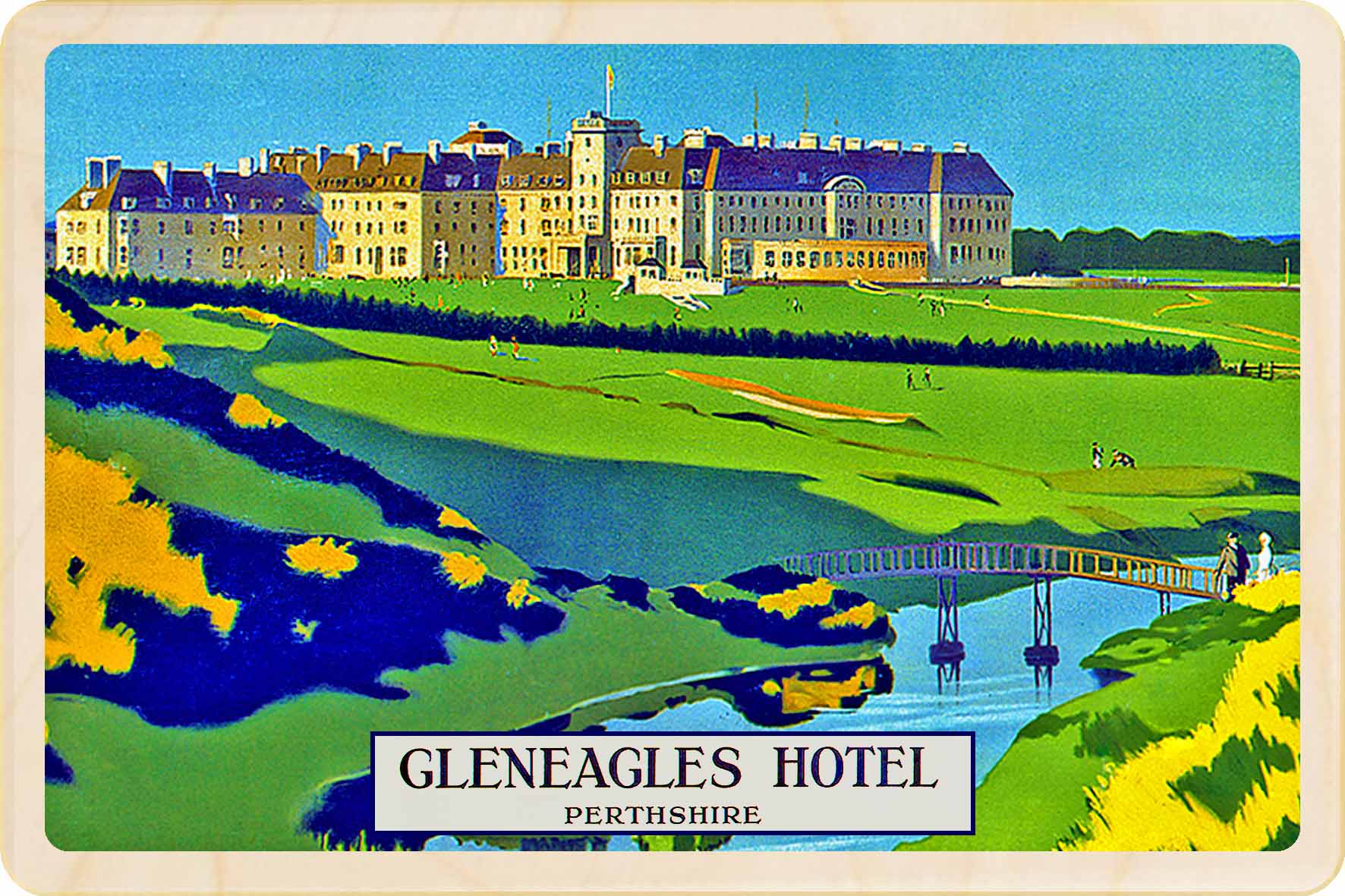 Vintage-style illustration of Gleneagles Hotel with a golf course and lake. Gleneagles, Scotland - Wooden Postcard featuring an original vintage travel poster from ©National Railway Museum / SCMG. Printed in high-quality colour on sustainably sourced wood. Ideal as a unique gift, keepsake, or souvenir.