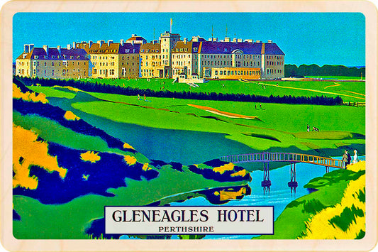 Vintage-style illustration of Gleneagles Hotel with a golf course and lake. Gleneagles, Scotland - Wooden Postcard featuring an original vintage travel poster from ©National Railway Museum / SCMG. Printed in high-quality colour on sustainably sourced wood. Ideal as a unique gift, keepsake, or souvenir.