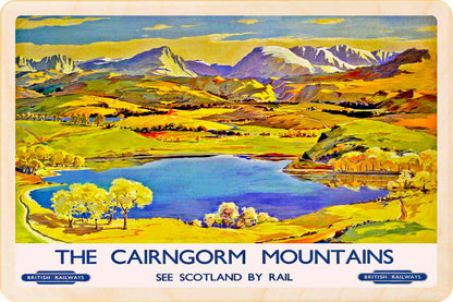 Cairngorm Mountains Wooden postcard featuring a vintage National Railway Museum travel art poster design. 