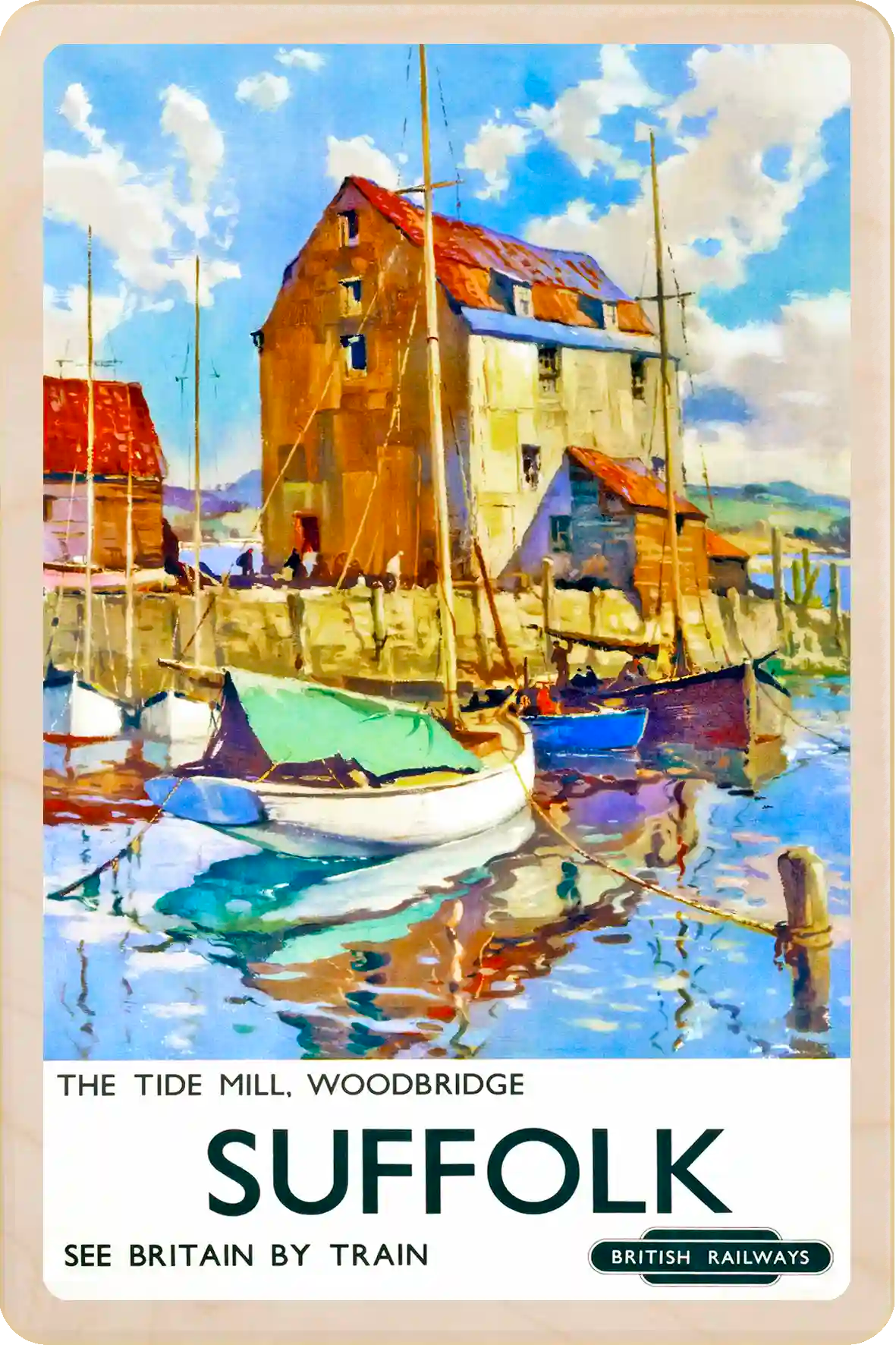 Woodbridge, Suffolk - Wooden Postcard featuring an original vintage travel poster from ©National Railway Museum / SCMG. The Wooden postcard Company