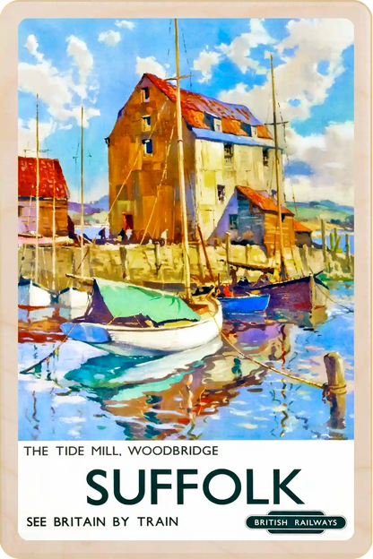 Woodbridge, Suffolk - Wooden Postcard featuring an original vintage travel poster from ©National Railway Museum / SCMG. The Wooden postcard Company