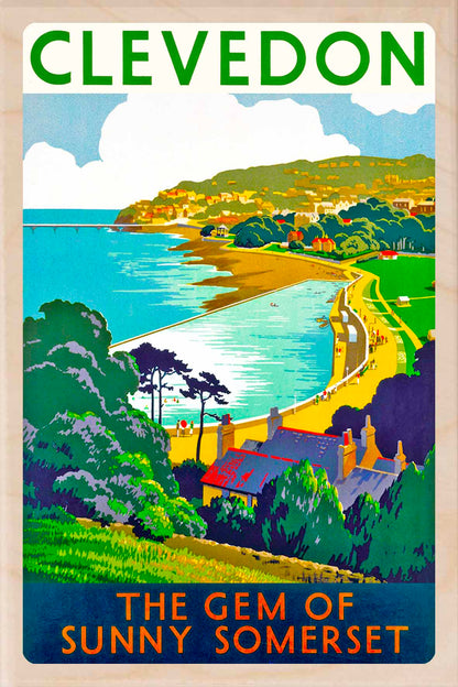 Clevedon, Somerset - Wooden Postcard featuring an original vintage travel poster from ©National Railway Museum