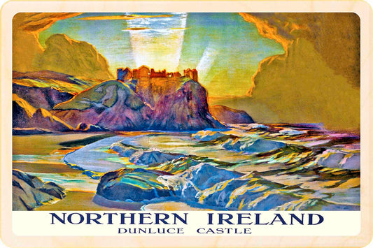 Dunluce Castle, Antrim, Northern Ireland - Wooden Postcard featuring an original vintage travel poster from ©National Railway Museum