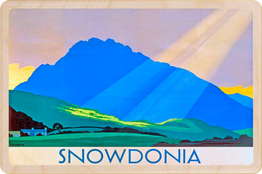 Snowdonia, Wales - Wooden Postcard featuring an original vintage travel poster from ©National Railway Museum / SCMG. Printed in high-quality colour on sustainably sourced wood. Ideal as a unique gift, keepsake, or souvenir.