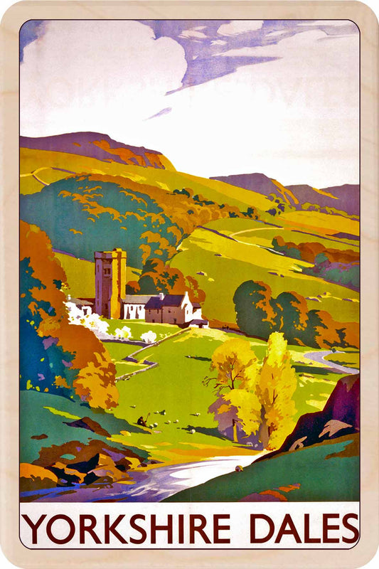 The Dales, Yorkshire - Wooden Postcard featuring an original vintage travel poster from ©National Railway Museum / SCMG. Printed in high-quality colour on sustainably sourced wood. Ideal as a unique gift, keepsake, or souvenir.