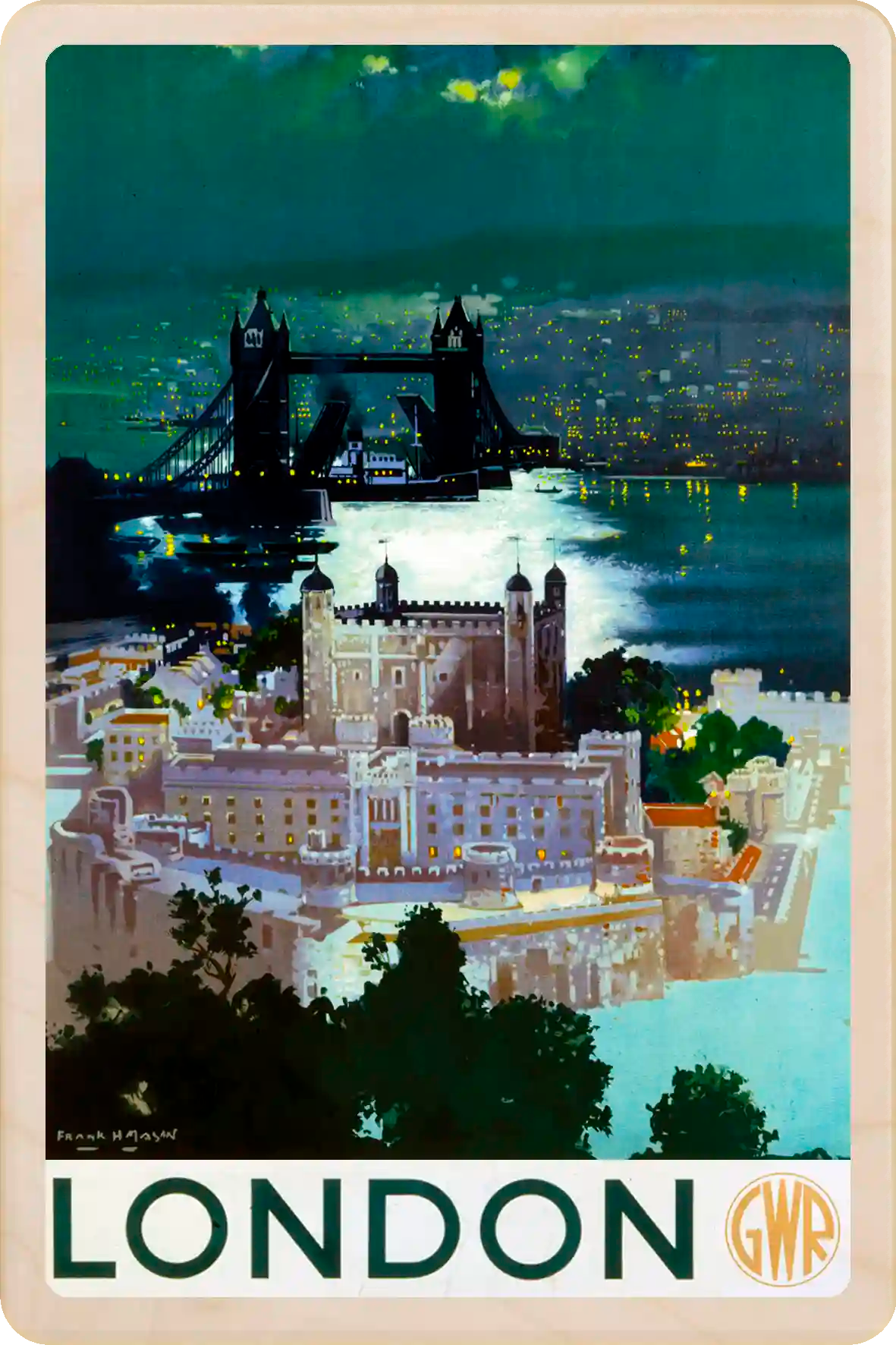 London - Wooden Postcard featuring an original vintage travel poster from ©National Railway Museum / SCMG. Printed in high-quality colour on sustainably sourced wood. Ideal as a unique gift, keepsake, or souvenir.