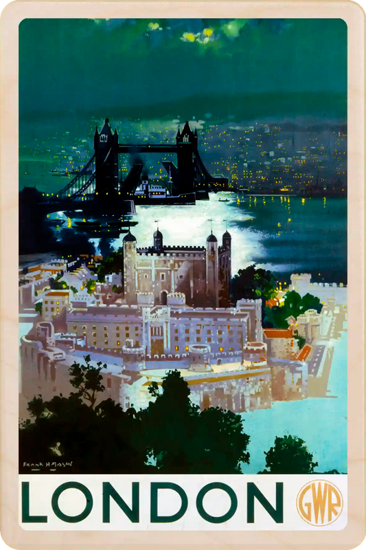 London - Wooden Postcard featuring an original vintage travel poster from ©National Railway Museum / SCMG. Printed in high-quality colour on sustainably sourced wood. Ideal as a unique gift, keepsake, or souvenir.