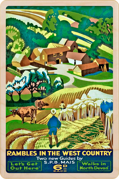 West Country. Original vintage travel poster illustration from the ©National Railway Museum. Eco-friendly wooden postcard to send, gift or keep and display. The Wooden postcard Company