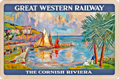 The Cornish Riviera - Wooden Postcard featuring an original vintage travel