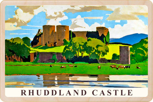 Rhuddland Castle Wales - Wooden Postcard featuring an original vintage travel poster from ©National Railway Museum