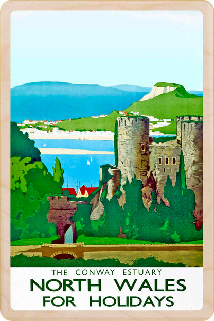 Conway, North Wales - Wooden Postcard featuring an original vintage travel poster from ©National Railway Museum