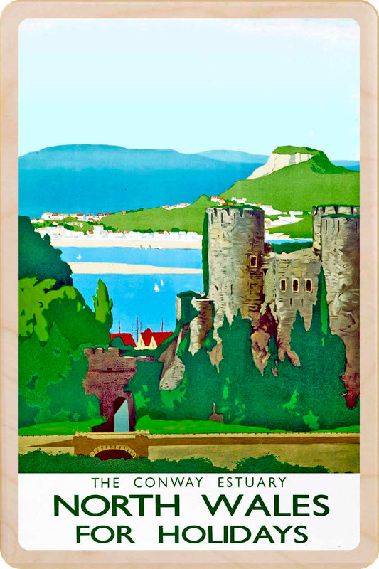 Conway, North Wales - Wooden Postcard featuring an original vintage travel poster from ©National Railway Museum