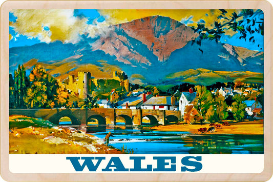 Wales - Wooden Postcard featuring an original vintage travel poster from ©National Railway Museum