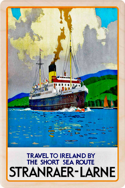 Ferry from Stranraer (Scotland) to Larne (Northern Ireland) - Wooden Postcard featuring an original vintage travel poster from ©National Railway Museum