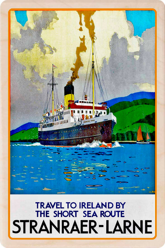 Ferry from Stranraer (Scotland) to Larne (Northern Ireland) - Wooden Postcard featuring an original vintage travel poster from ©National Railway Museum