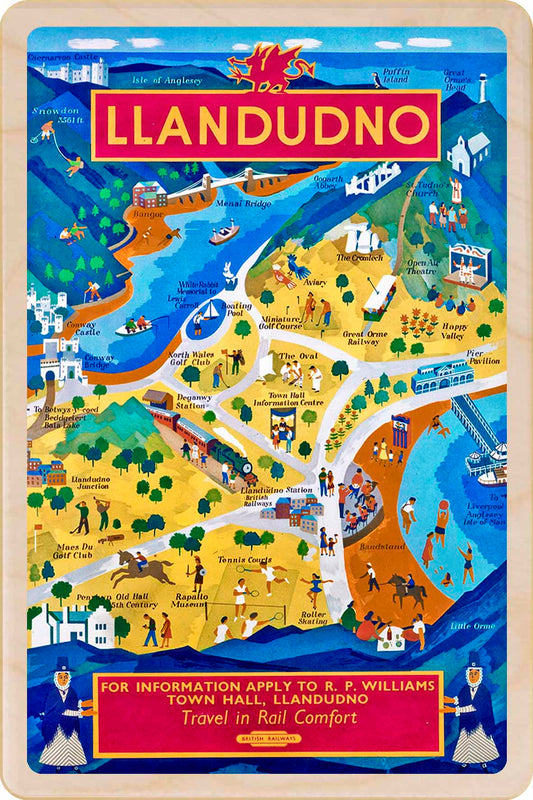 Llandudno, Wales - Wooden Postcard featuring an original vintage travel poster from ©National Railway Museum