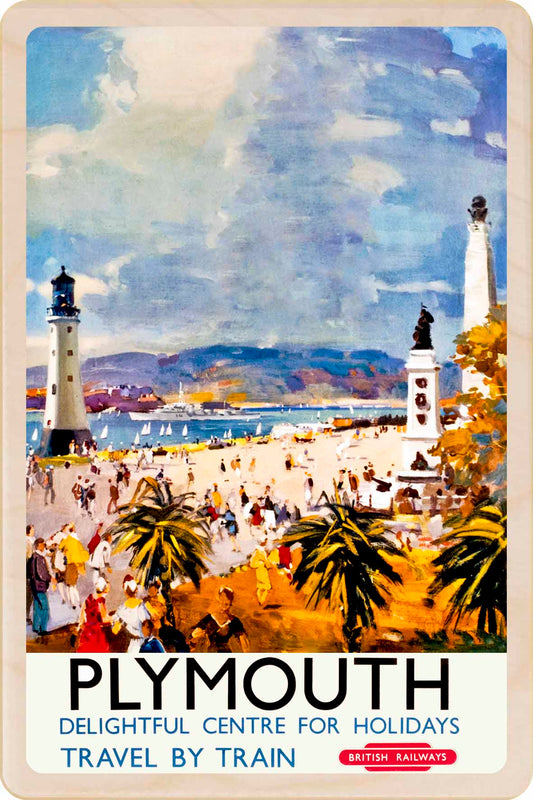 Plymouth - Wooden Postcard featuring an original vintage travel poster from ©National Railway Museum
