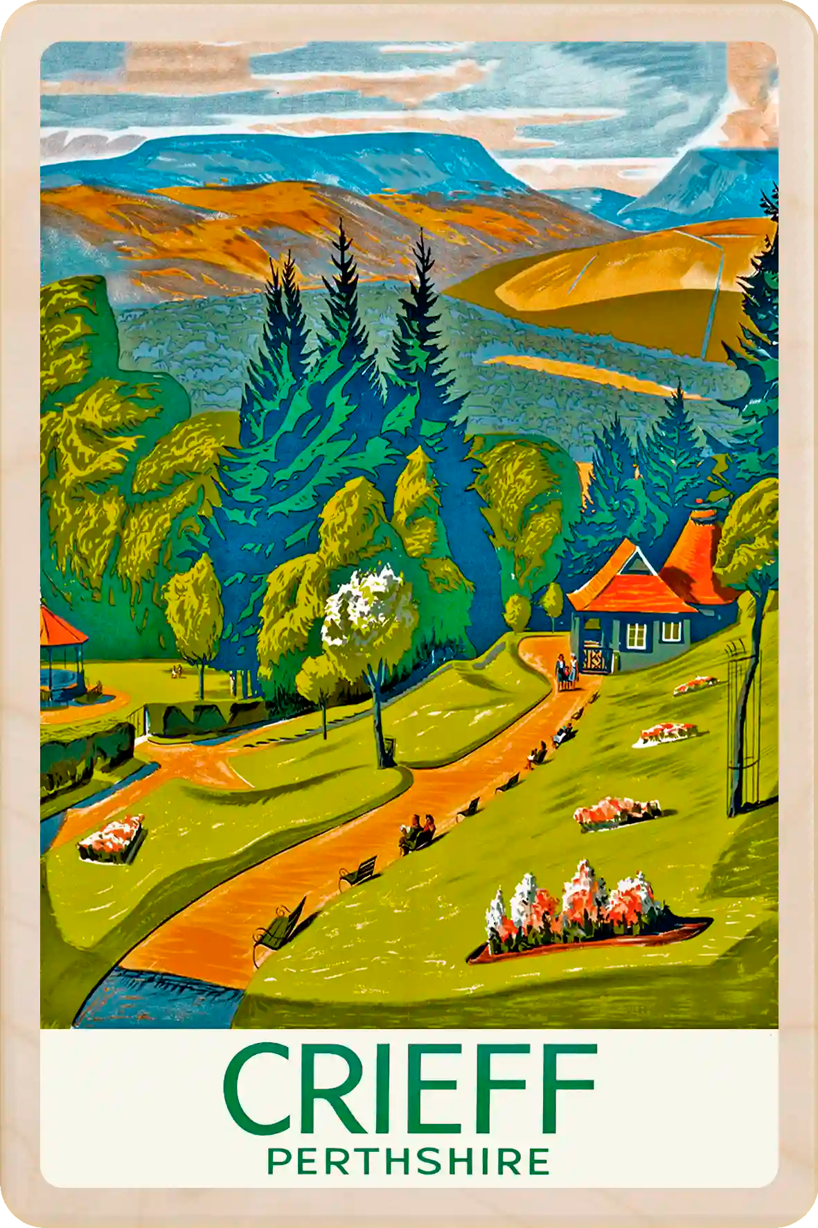 Crieff, Scotland: Wooden Postcard featuring an original vintage travel poster from ©National Railway Museum. The Wooden Postcard Company