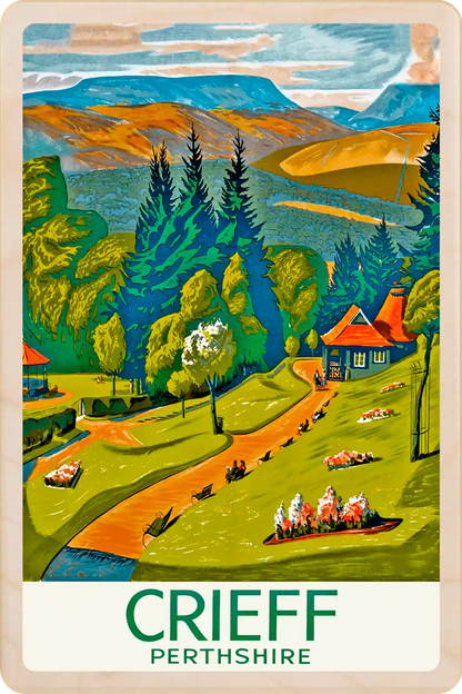 Crieff, Scotland: Wooden Postcard featuring an original vintage travel poster from ©National Railway Museum. The Wooden Postcard Company
