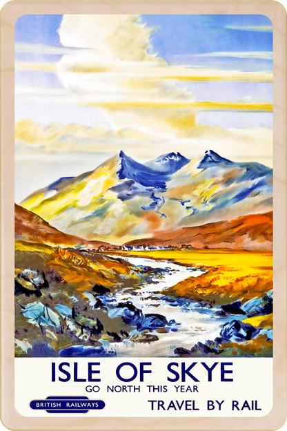 Isle of Skye - Wooden Postcard featuring an original vintage travel poster from ©National Railway Museum / SCMG. Made in Suffolk, UK. The Wooden Postcard Company