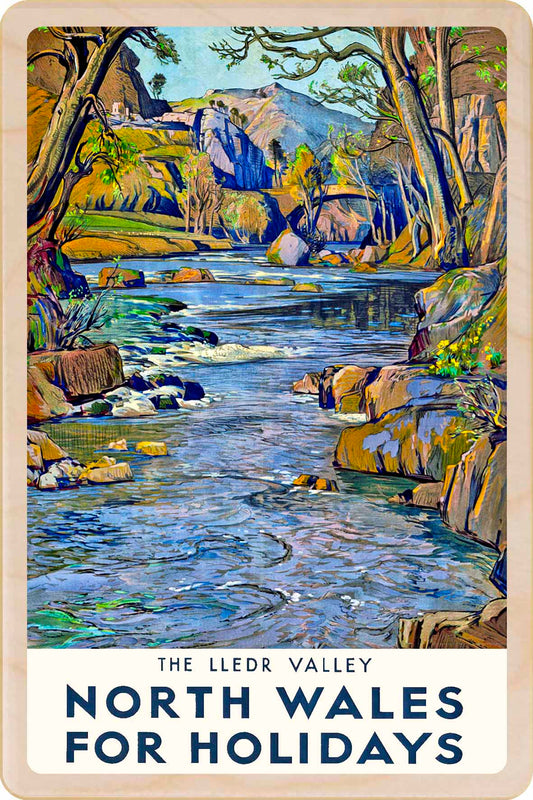 Lledr Valley, Wales - Wooden Postcard featuring an original vintage travel poster from ©National Railway Museum / SCMG. Printed in high-quality colour on sustainably sourced wood. Eco-friendly card, ideal as a unique gift, keepsake, or souvenir.
