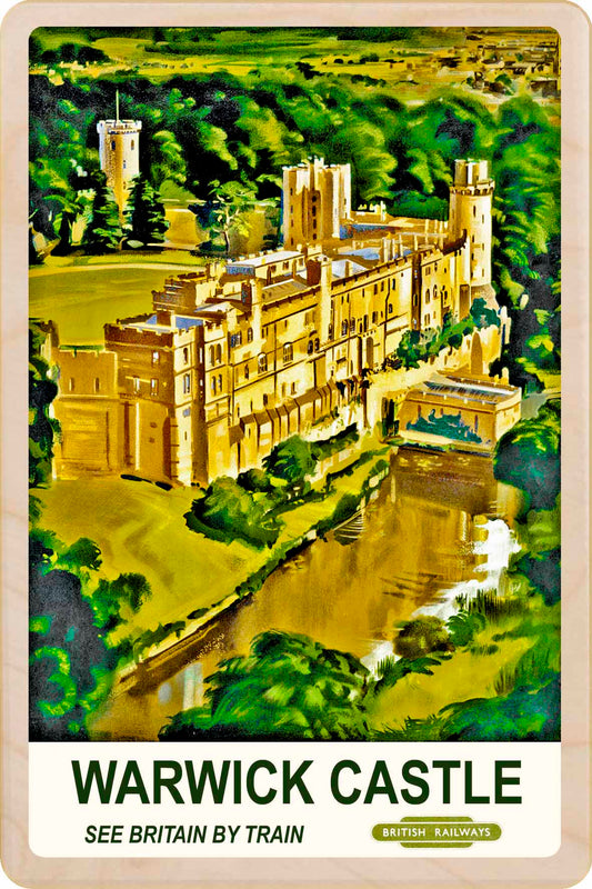 Warwick Castle - Wooden Postcard featuring an original vintage travel poster from ©National Railway Museum / SCMG. Printed in high-quality colour on sustainably sourced wood. Ideal as a unique gift, keepsake, or souvenir.