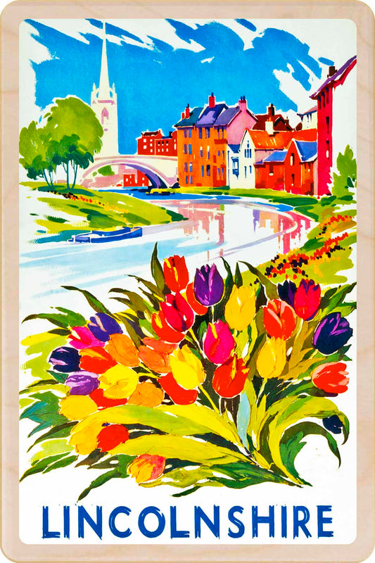 Lincolnshire - Wooden Postcard featuring an original vintage travel poster from ©National Railway Museum / SCMG. Printed in high-quality colour on sustainably sourced wood. Ideal as a unique gift, keepsake, or souvenir. Colorful illustration of Lincolnshire with tulips and a scenic view.