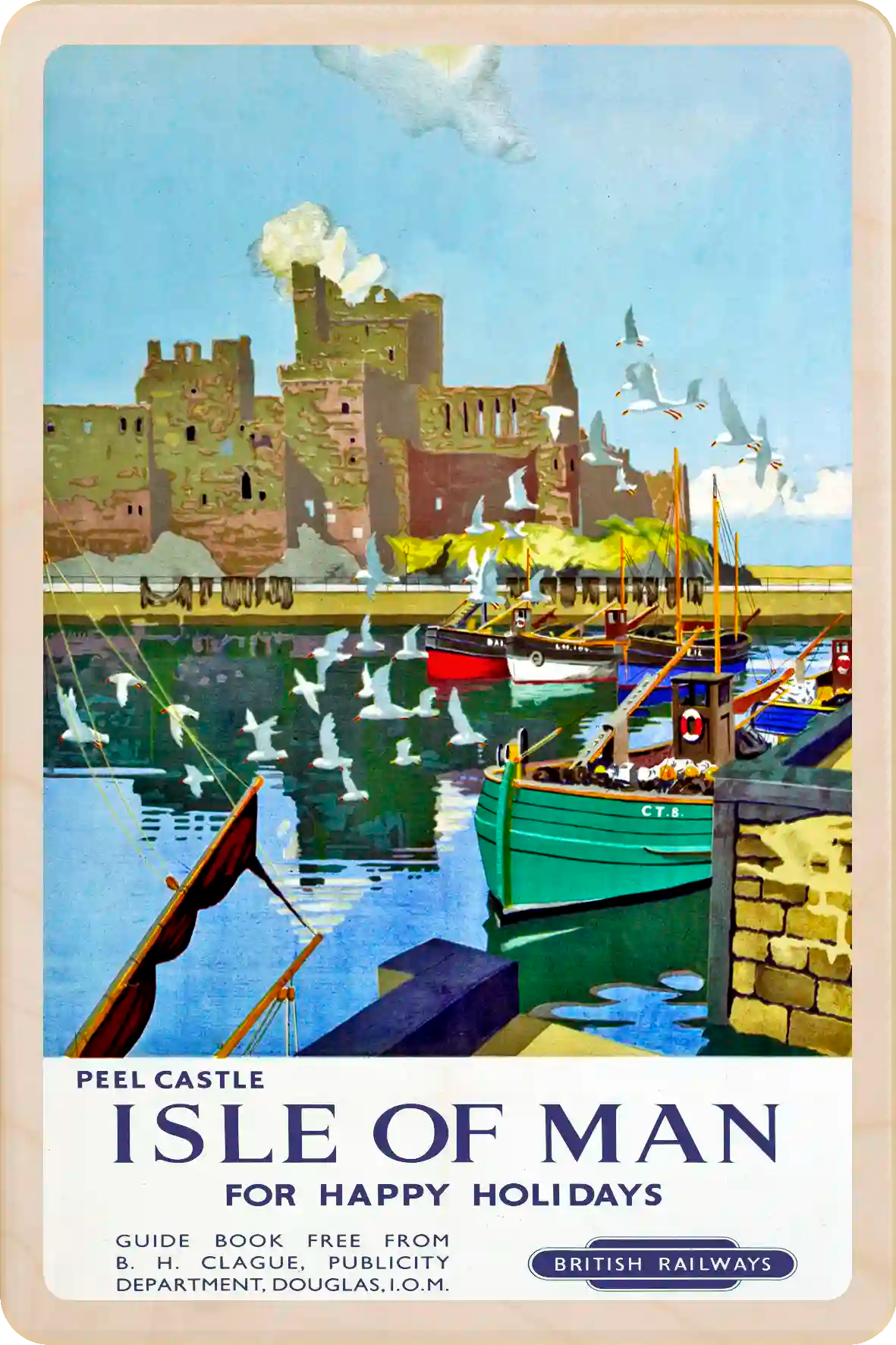 Isle of Man - Wooden Postcard featuring an original vintage travel poster from ©National Railway Museum / SCMG. Printed in high-quality colour on sustainably sourced wood. Ideal as a unique gift, keepsake, or souvenir.
