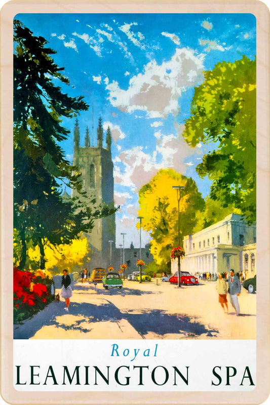 Royal Leamington Spa, Warwickshire - Wooden Postcard featuring an original vintage travel poster from ©National Railway Museum / SCMG. Printed in high-quality colour on sustainably sourced wood. Ideal as a unique gift, keepsake, or souvenir.