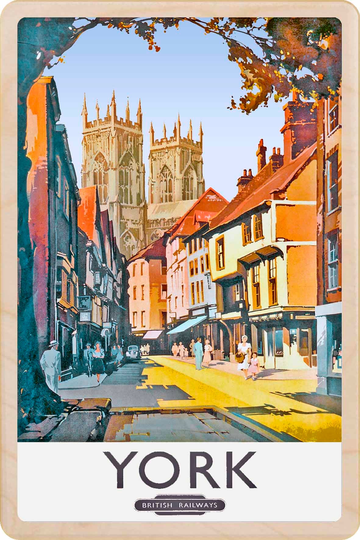 York - Wooden Postcard featuring an original vintage travel poster from ©National Railway Museum / SCMG. Printed in high-quality colour on sustainably sourced wood. Ideal as a unique gift, keepsake, or souvenir.