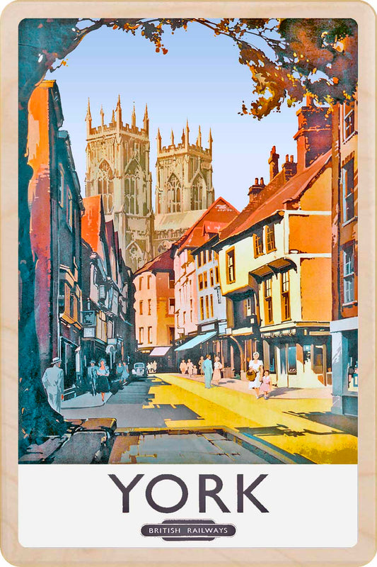 York - Wooden Postcard featuring an original vintage travel poster from ©National Railway Museum / SCMG. Printed in high-quality colour on sustainably sourced wood. Ideal as a unique gift, keepsake, or souvenir.