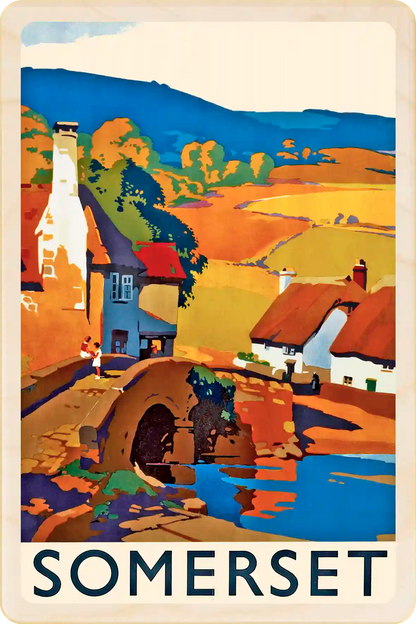 Somerset - Original vintage travel poster illustration from the ©National Railway Museum. Eco-friendly wooden postcard to send, gift or keep and display. The Wooden Postcard Company