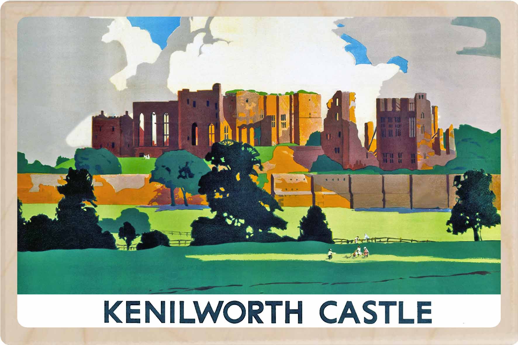 Kenilworth Castle, Warwickshire - Wooden Postcard featuring an original vintage travel poster from ©National Railway Museum / SCMG. Printed in high-quality colour on sustainably sourced wood. Ideal as a unique gift, keepsake, or souvenir.