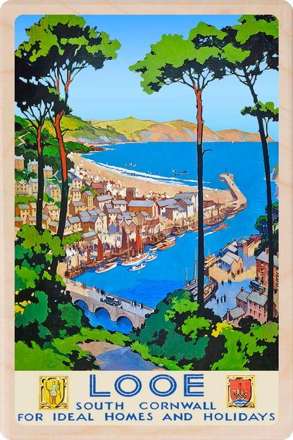 Wooden postcard of Looe, Cornwall – illustrated coastal scene printed on sustainable wood