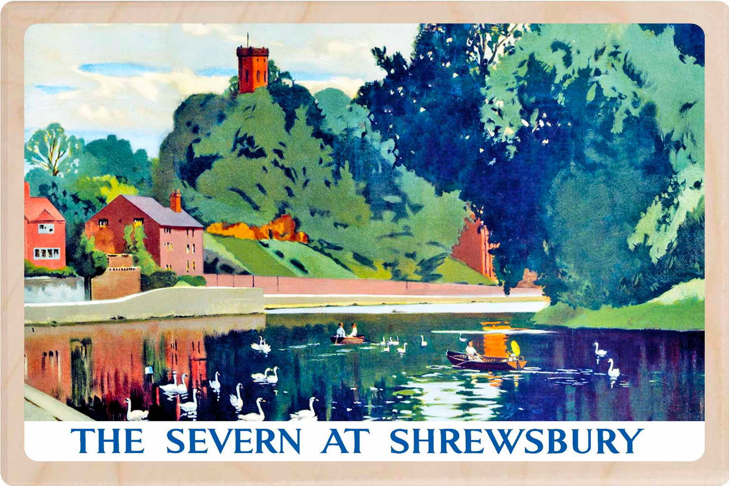 Shrewsbury, Shropshire - Wooden Postcard featuring an original vintage travel poster from ©National Railway Museum / SCMG. Printed in high-quality colour on sustainably sourced wood. Ideal as a unique gift, keepsake, or souvenir. Scenic view of the Severn at Shrewsbury with boats and trees. 