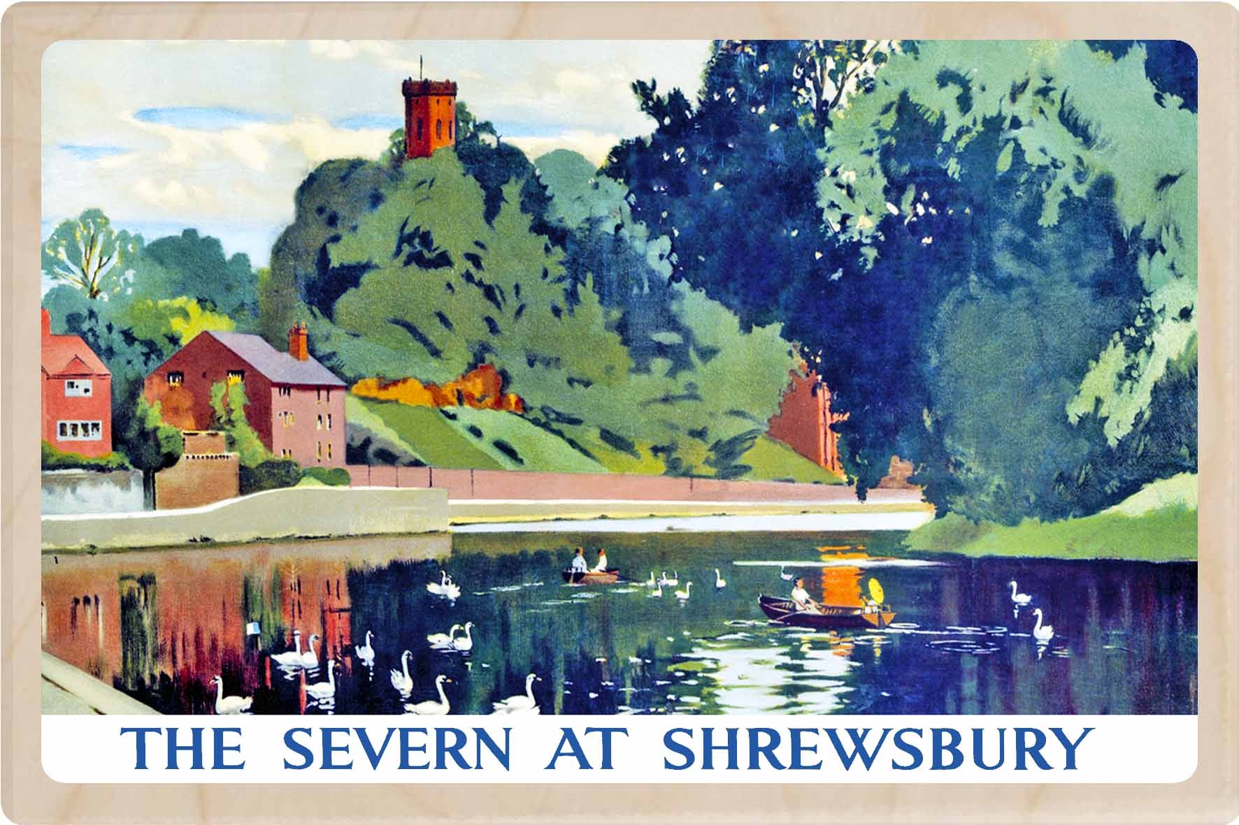 Shrewsbury, Shropshire - Wooden Postcard featuring an original vintage travel poster from ©National Railway Museum / SCMG. Printed in high-quality colour on sustainably sourced wood. Ideal as a unique gift, keepsake, or souvenir. Scenic view of the Severn at Shrewsbury with boats and trees. 