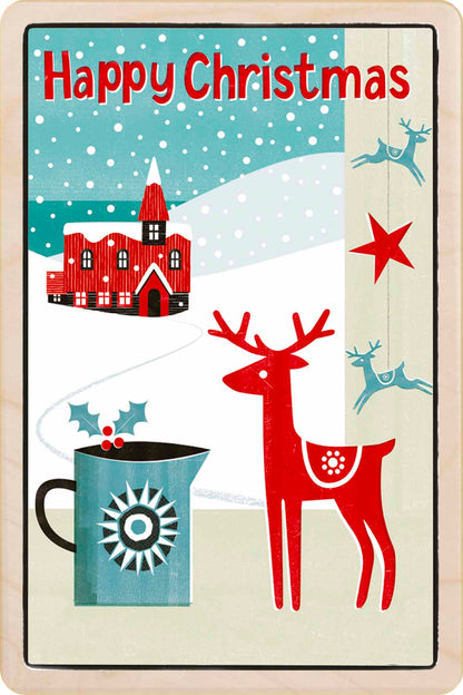 Christmas-themed illustration with a reindeer, mug, and snowy village. Happy Christmas – Christmas card - Wooden Postcard

Original Christmas illustration printed on sustainable wood. A beautiful card to send, display, or tuck into a stocking.
