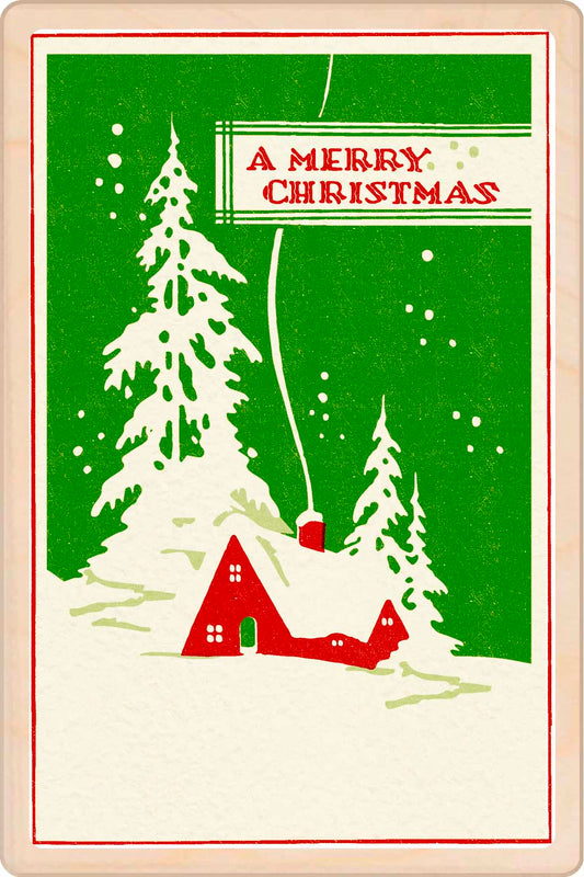 Vintage-style Christmas card with a red house, snow-covered trees, and 'A Merry Christmas'. A Merry Christmas – Christmas card - Wooden Postcard

Original Christmas illustration printed on sustainable wood. A beautiful card to send, display, or tuck into a stocking.
