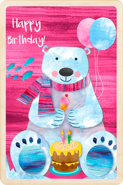 Polar Bear Birthday Card - Seaside Children's Birthday card. Wooden cards made in Suffolk, England since 2012. Shipping to the USA duties & tariffs paid. Collectible Birthday keepsakes